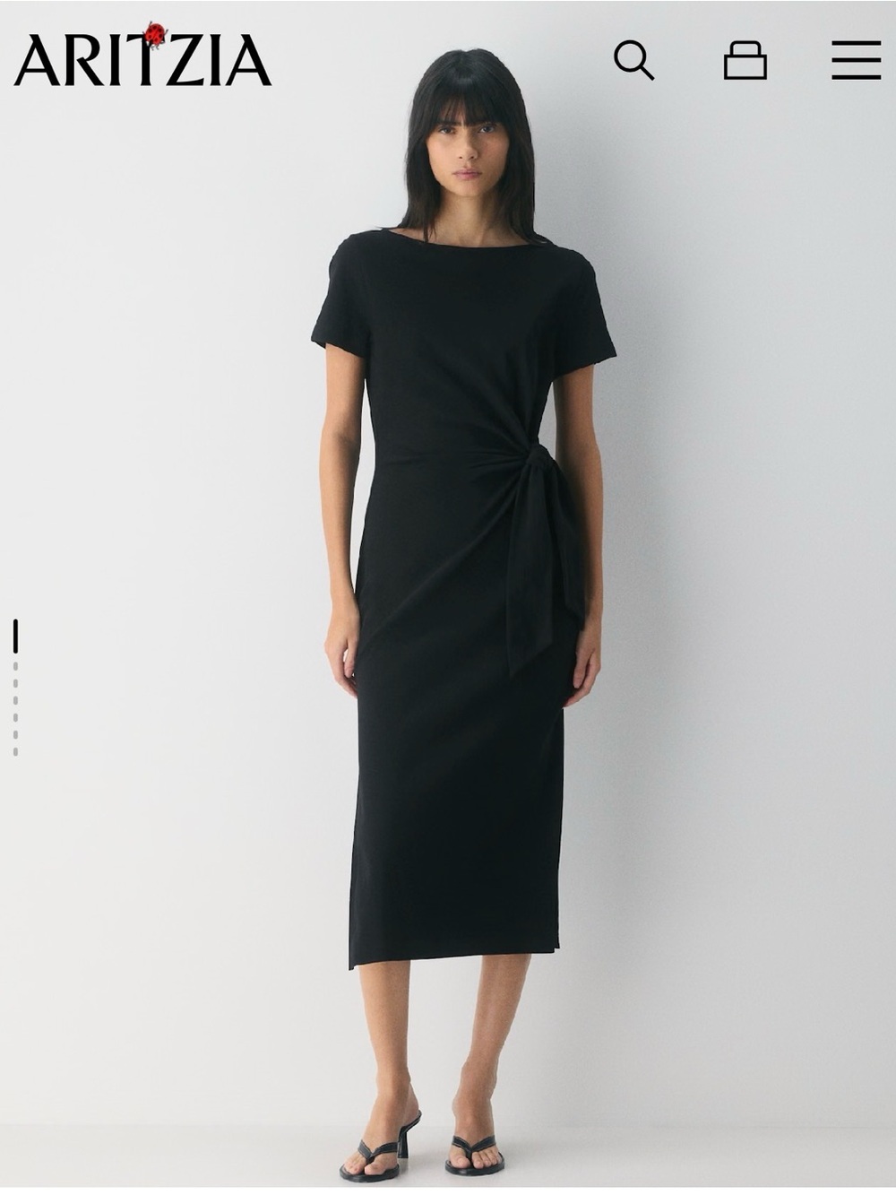 Aritzia Wilfred black jersey midi dress featuring a tie-front detail